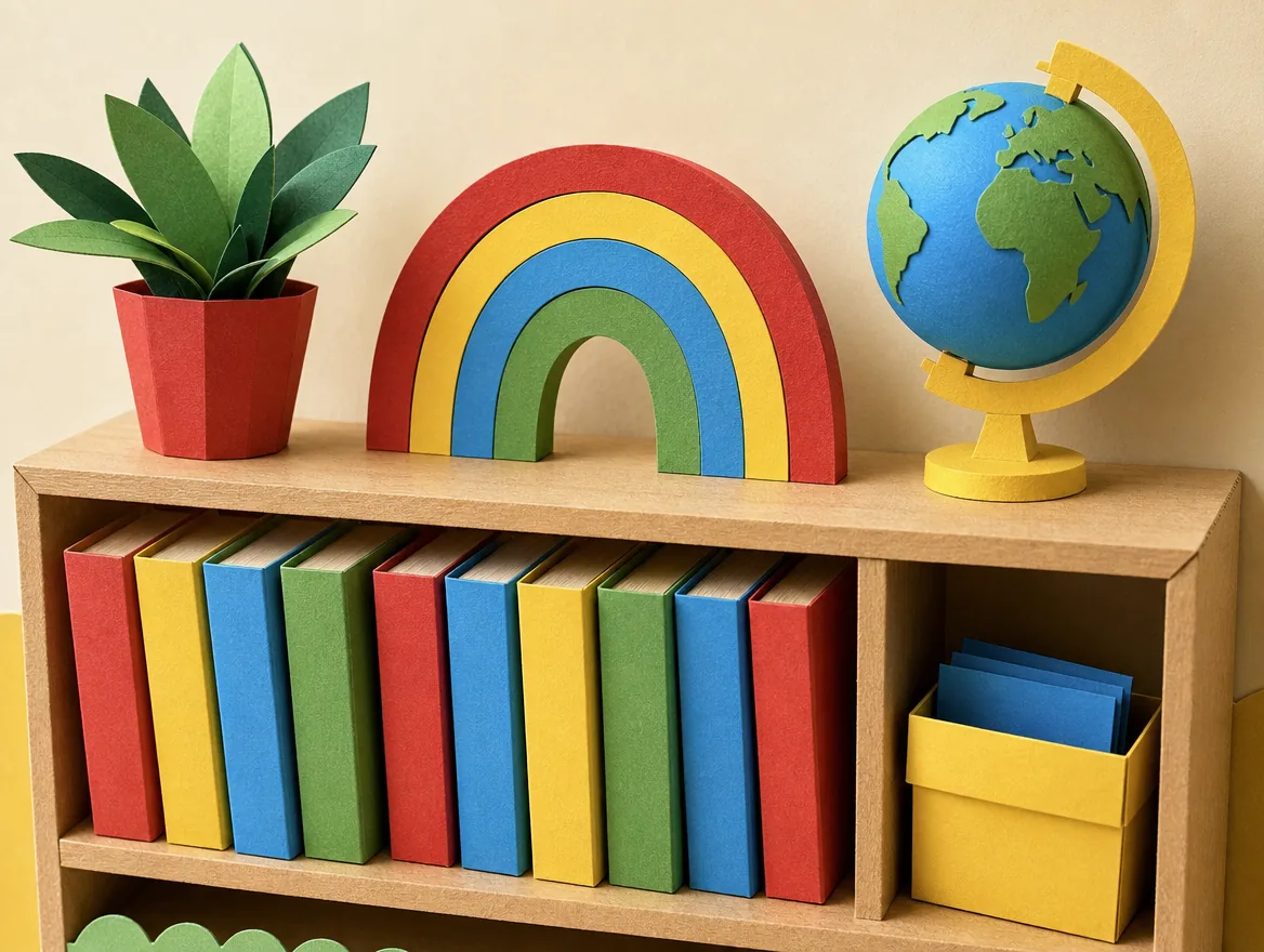 Paper-craft classroom shelf with books, a plant, and a rainbow