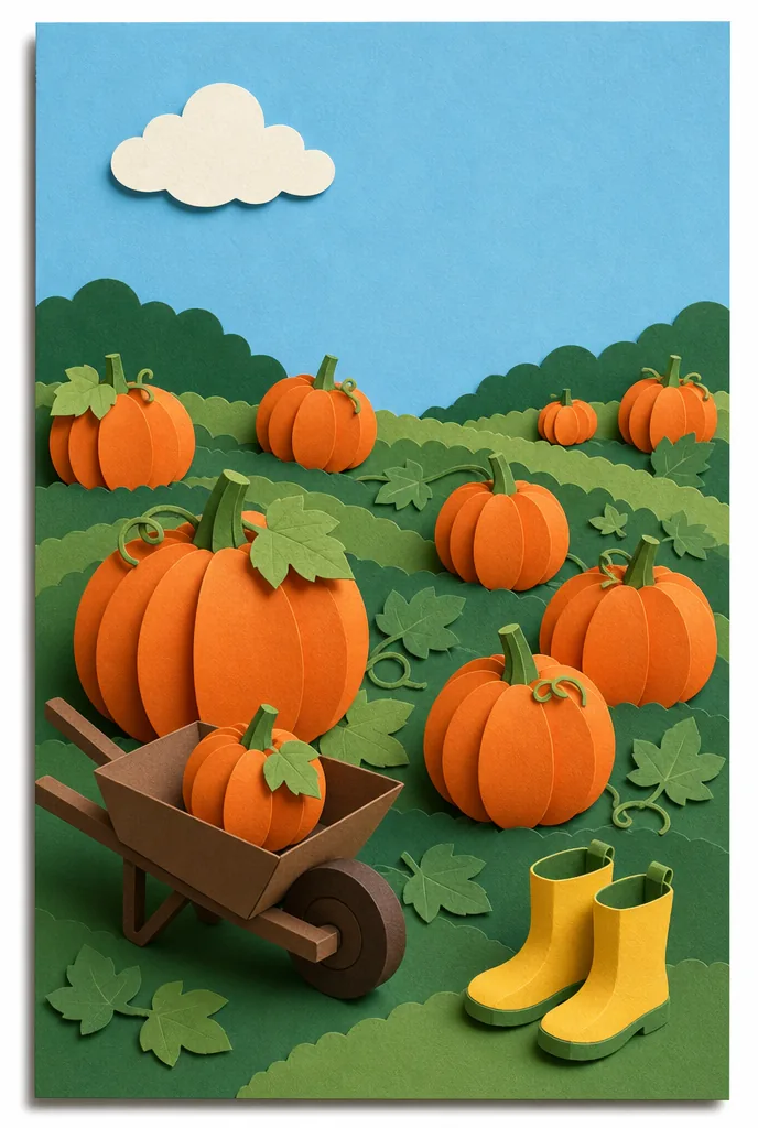 Paper-craft scene of a pumpkin patch field trip