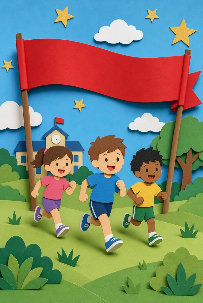 Paper-craft scene of kids running with a banner