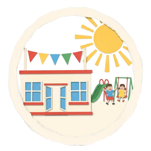 Paper-craft sticker of a community centre summer camp with a playground