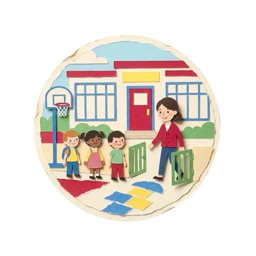 Paper-craft sticker of an elementary school playground at morning bell